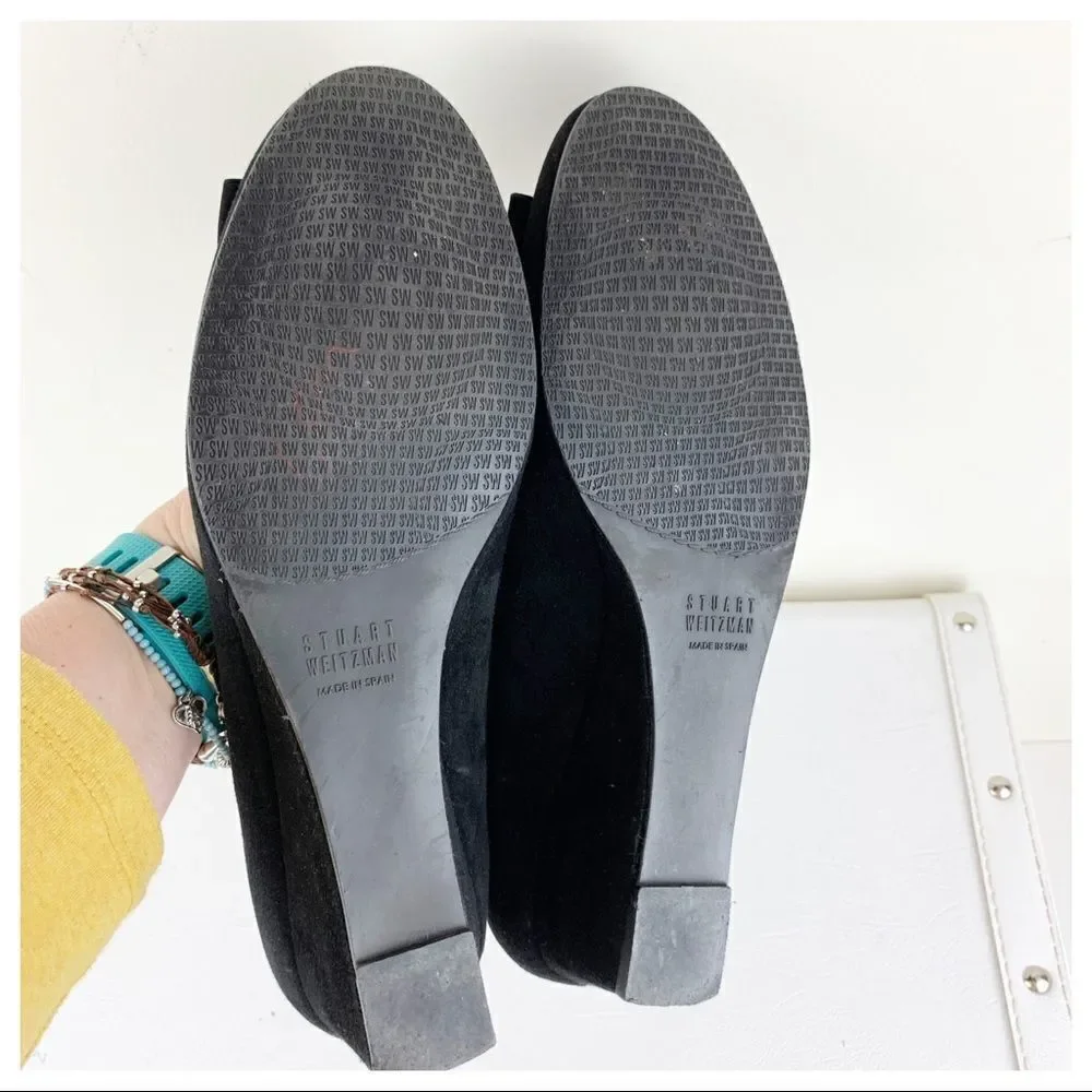 Stuart‎ Weitzman Caring Black Suede Low Wedge Silver Ring Accent 8.5